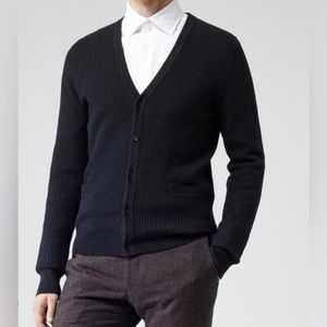 Reiss Rupert Waffle-Knit Wool Blend V Neck Cardigan - Navy Blue - size medium